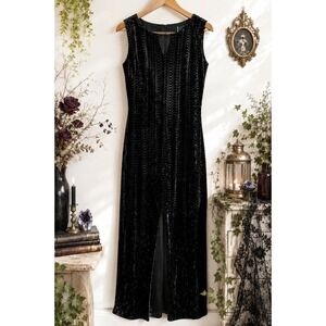 Roots Black Burnout Velvet Maxi Dress Beaded Neck Sleeveless Whimsigoth 18